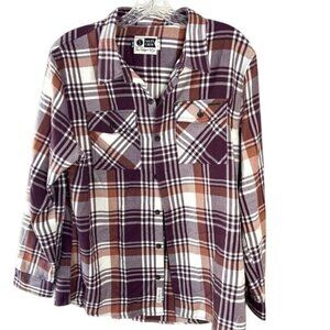 Salty Crew Womens Plaid Button-Up Flannel Shirt Purple & Orange Size L